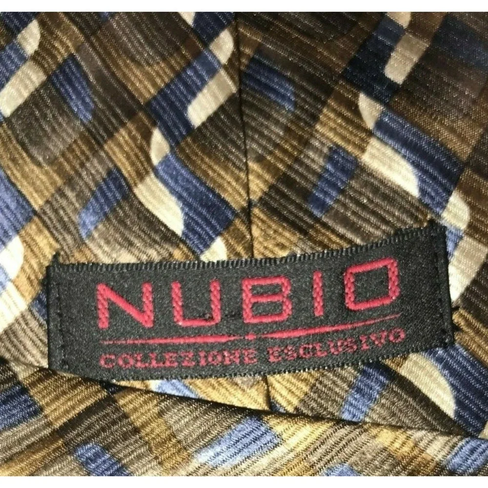NOS Nubio Collezione Esclusivo Geometric Brown Tan Blue Silk‎ Neck Tie 58